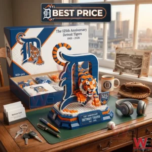 A completed brick model of a tiger and a blue letter D for a baseball anniversary on a desk with its packaging!