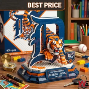 A detailed close up of a brick built tiger and baseball team logo model with loose building pieces and vintage items nearby!