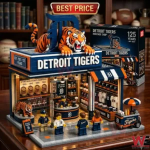 A detailed brick shop model of the Detroit Tigers with a tiger mascot and miniature merchandise displays!