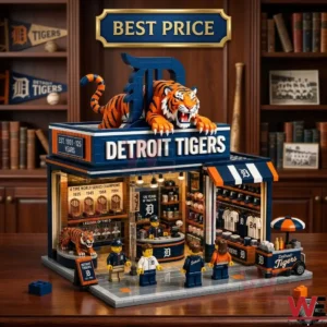 Brick built Detroit Tigers merchandise store with tiny jerseys and figures on a wooden surface!