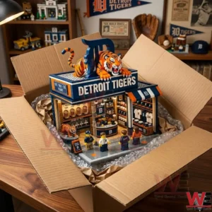A brick store model for the Detroit Tigers nestled in a shipping box with protective padding!