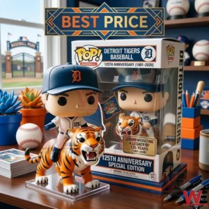 A vinyl collectible of a baseball player on a tiger standing on a desk next to a themed anniversary box with a baseball stadium in the background.