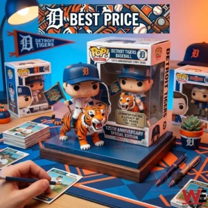 A desk filled with Detroit Tigers baseball collectibles including vinyl figures in boxes trading cards and stationery on a themed mat.