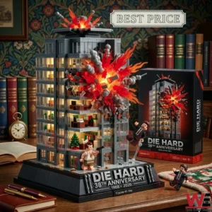 A complex building toy set depicting the iconic skyscraper from the film Die Hard during an explosion scene! The model includes small character figures and a commemorative plaque on a wooden office table!
