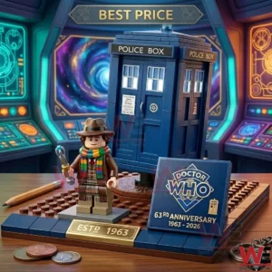 An open cardboard box on a wooden table reveals a detailed Lego set of the TARDIS and the Fourth Doctor on a dark brown circular display base with two commemorative plaques in a collectible store environment!