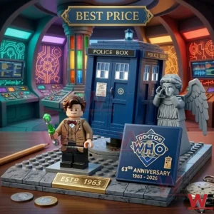 A detailed Lego model of the TARDIS and the Fourth Doctor minifigure on a commemorative display base with plaques and other items like coins and a pencil in a TARDIS control room setting with a nebula screen!