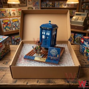 A detailed Lego model set featuring the Eleven Doctor minifigure, a TARDIS, and a Weeping Angel figure on a marble display base with commemorative plaques in a futuristic TARDIS control room setting!
