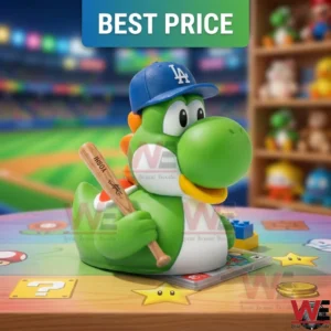 A green Yoshi duck toy with a blue baseball hat and bat displayed in a colorful room!