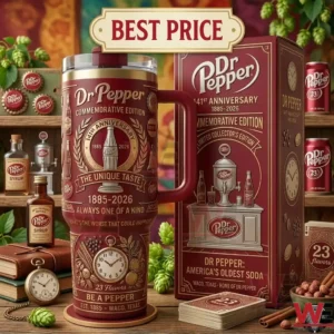 Maroon Dr Pepper anniversary tumbler and collectors box on a wooden table!