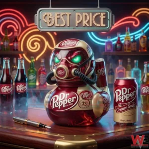 A Dr Pepper robotic duck toy on a bar counter with soda cans and bottles in a neon lit environment!