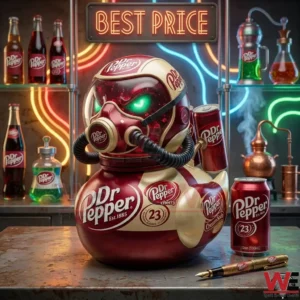 Dr Pepper Cream Soda Duck 4 A mechanical Dr Pepper duck figure in a workshop or laboratory with glowing tubes and soda containers!