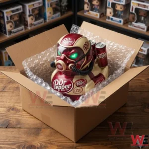 Dr Pepper Cream Soda Duck 5 A Dr Pepper themed robotic duck with glowing green eyes and a gas mask sits inside an open cardboard box!