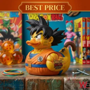 A rubber duck figure resting on a colorful wooden surface surrounded by anime collectibles and hardware items!