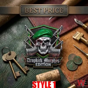 A metal Dropkick Murphys skull badge with a green beret and bagpipes sitting on leather next to antique keys and coins.