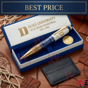 Close up of a blue white and gold Duke University collectible pen resting in a velvet lined gift box on a wooden table!