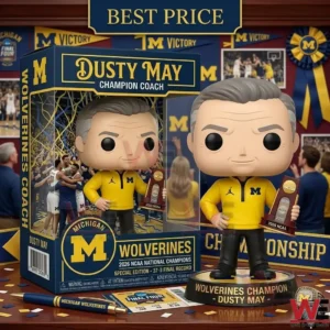 Collectible figure of coach Dusty May with a championship trophy and its display box!