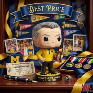 Dusty May Champion Coach Wolverines Pop Figure 4 Dusty May collectible figure surrounded by basketball championship medals and a ring!