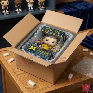 Dusty May Champion Coach Wolverines Pop Figure 5 Branded collectible figure box packed in a cardboard shipping container with bubble wrap!