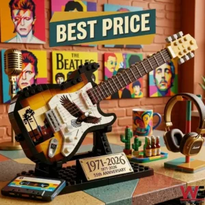 Building block guitar model on a desk with music memorabilia!