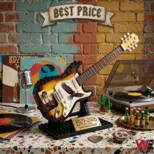Toy guitar made of plastic blocks displayed with vinyl records!