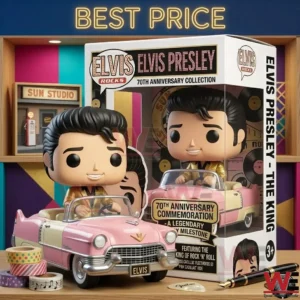 An Elvis Presley collectible figure in a pink car next to its anniversary edition box on a table!