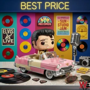 Elvis Presley 70th Anniversary Pink Cadillac Pop Figure 4 A vinyl figure of Elvis Presley in a pink Cadillac surrounded by records and a microphone against a colorful studio wall!