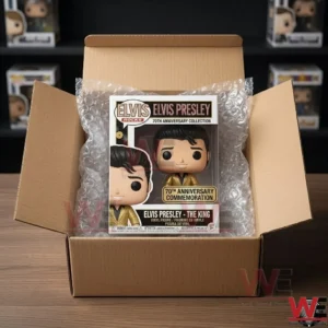 Elvis Presley 70th Anniversary Pink Cadillac Pop Figure 5 A boxed Elvis Presley collectible inside a cardboard shipping box protected by bubble wrap!
