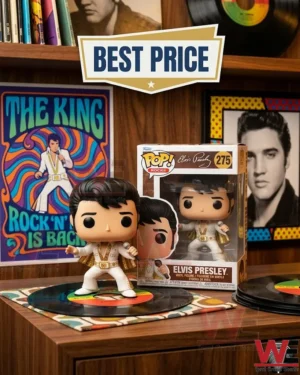 Elvis Presley vinyl figure in a white jumpsuit with a microphone standing next to a collector box on a desk!