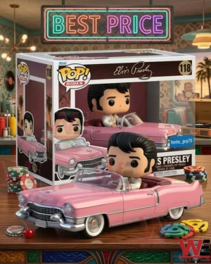 Elvis Presley vinyl figure driving a pink convertible car next to a collector box in a retro diner setting!