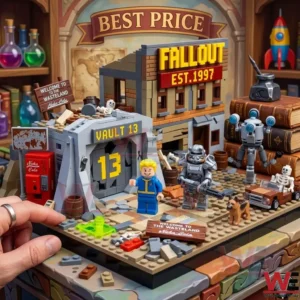 A person interacts with a finished plastic brick model of an underground bunker entrance and various game characters!