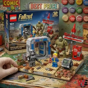 Fallout 30th Anniversary 1997-2027 Red Rocket Brick Set 5 A construction toy box and its completed model are displayed together on a colorful map!