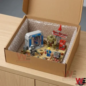 Fallout 30th Anniversary 1997-2027 Red Rocket Brick Set 7 An open cardboard box contains a completed toy building set with desert wasteland characters and structures!