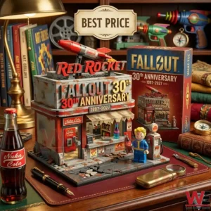 A high angle view of a Fallout themed toy building set on a wooden desk! The set includes a station model with a rocket on top and a blonde figure! A Nuka Cola bottle and various accessories are placed around the model!