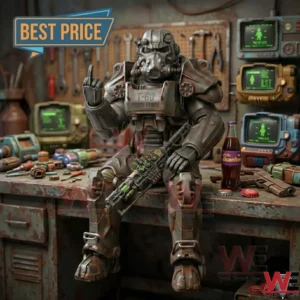 A detailed Fallout T60 Power Armor model sitting in a realistic garage filled with wasteland technology and tools!