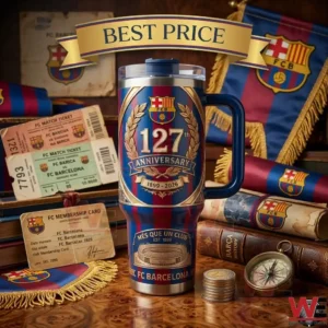 A commemorative football club tumbler cup surrounded by vintage tickets books and a compass on a wooden desk!