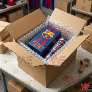A blue and red striped tumbler cup and its matching box nestled in bubble wrap inside an open cardboard shipping box!