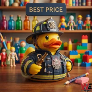 Firefighter duck figure on a desk with toys!