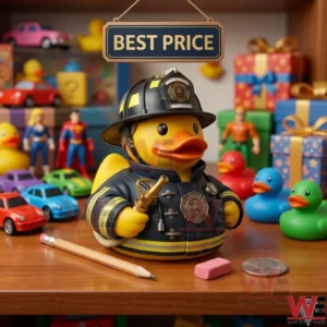 Firefighter duck figure surrounded by toy cars and heroes!