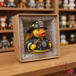 Firefighter rubber duck figure sitting in a shipping box!
