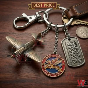 A military themed keychain with a miniature warplane and Flying Tigers charms on wood!