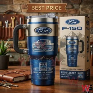 Blue Ford F150 premium insulated tumbler with handle and packaging box on a wooden table!
