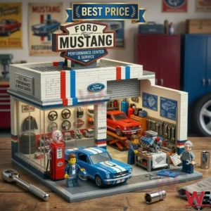 Detailed brick built Ford Mustang service station including a blue car red car on a lift and several mechanic characters!