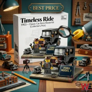 A vintage car brick model and its retail box surrounded by miniature tools and workshop items on a desk!
