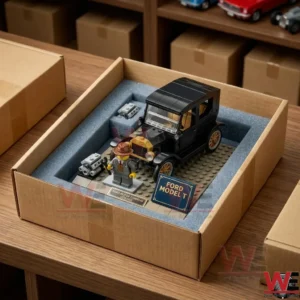 Ford Timeless Ride 1903 Classic Car Brick Set 3 A black toy car and its character figure secured in a foam lined cardboard box for transport!