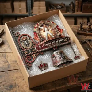 A collector edition Freddie Mercury wall sign and bell being prepared for shipping in a cardboard box!