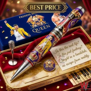 A close up shot of a colorful Queen commemorative pen with Freddie Mercury artwork resting in a red velvet and gold display box next to lyric cards!