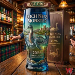 Commemorative Loch Ness Monster glass and wooden gift box on a bar counter!