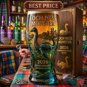 Detailed souvenir glass with a sea monster design filled with a golden beverage!