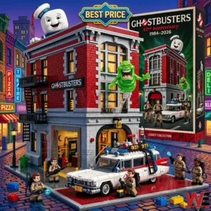 A photo of a large firehouse build with bricks! The front has a large garage door for the Ecto one vehicle! Five minifigures are present with gear! Ghosts Slimer and Stay Puft are also visible! The background shows other buildings and a set box!