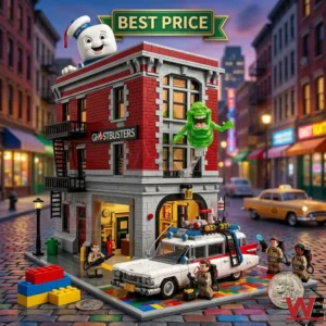 A photo of a detailed brick firehouse model! It is dusk and the streetlights are on! Four minifigures with proton packs and one other are out front! Slimer and Stay Puft are visible! A quarter dollar is on a platform in the foreground!
